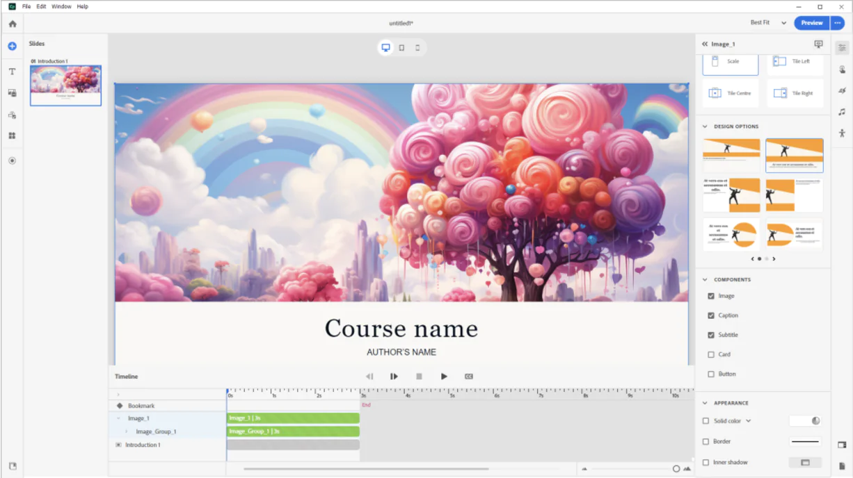 A screenshot of the Adobe Captivate interface, an eLearning authoring tool, showcasing a course design with a colorful, whimsical background featuring a rainbow and candy-like trees, alongside tools for customizing images, captions, and design options.