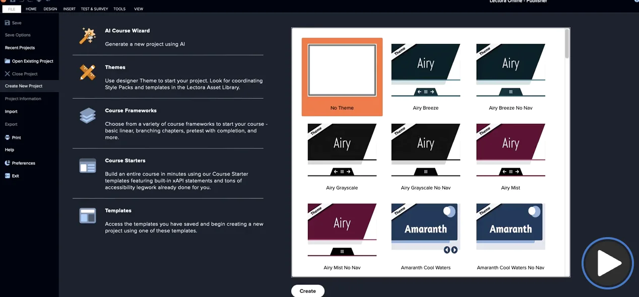 Screenshot of Lectora Online, an eLearning authoring tool, showing options for creating a new project using AI, themes, course frameworks, or templates.