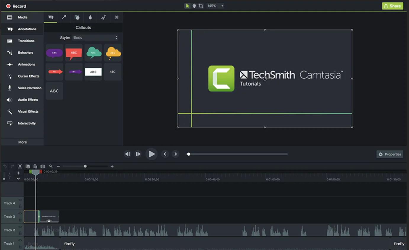 Screenshot of Camtasia, an eLearning authoring tool, showing a timeline-based video editing interface with media, annotations, transitions, and other editing options on the left panel.