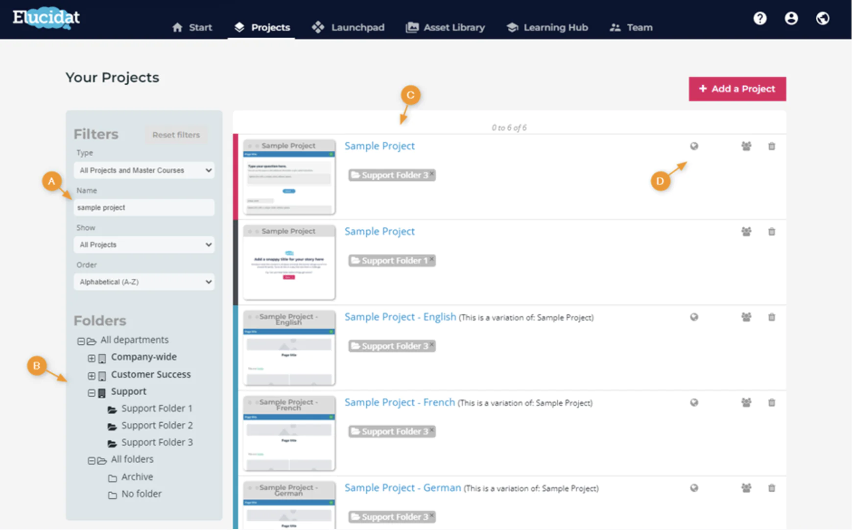 Screenshot of Elucidat, an eLearning authoring tool, showing a project management dashboard with filters, folder organization, and a list of sample projects.