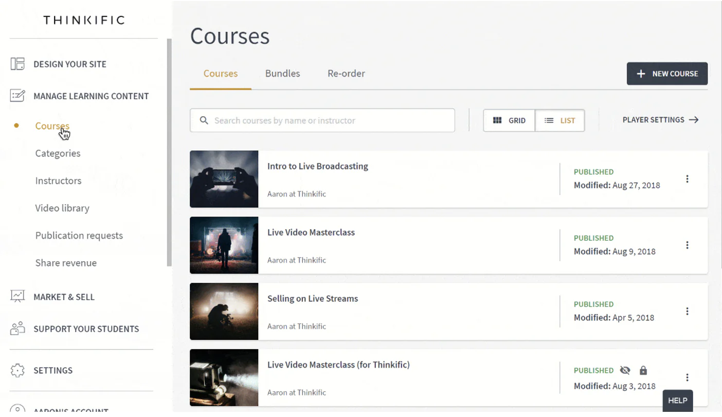 Screenshot of Thinkific, an eLearning authoring tool, displaying the "Courses" section with a list of published courses and navigation options for designing the site, managing learning content, and market/sell tools.