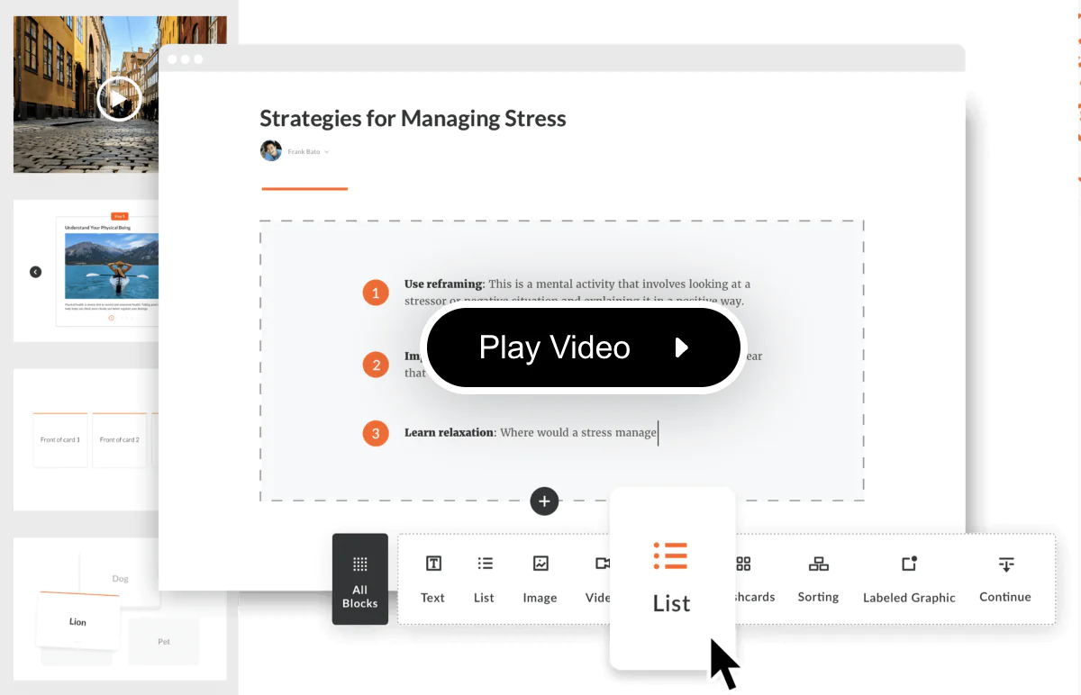 Screenshot of Rise, an eLearning authoring tool, showcasing a lesson titled "Strategies for Managing Stress," with a play video button and an interface for adding content blocks like text, lists, and images.